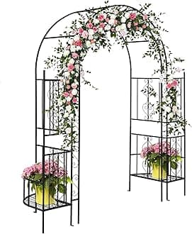 Garden Arbor with Planter Boxes, 7FT Wedding Arches for Ceremony, Metal Garden Arch for Climbing Plants Outdoor, Black Garden Archway for Lawn, Patio and Backyard, Includes Ground Stakes