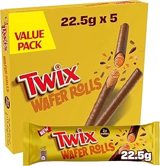 Twix Wafer Rolls Chocolate, Pack of 5x22.5g, 2 Rolls of Twix Chocolate, Crispy Biscuit Layered with Caramel and Milk Chocolate