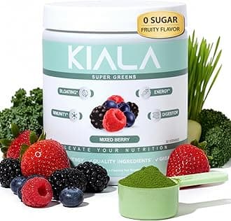 - Kiala Nutrition Super Greens, Organic Greens Powder with Spirulina & Chlorella for Digestion, Gut Health, Immunity, Adaptogens, Energy, Gluten Free, Vegan, Sugar Free, Mixed Berry, 30 Servings