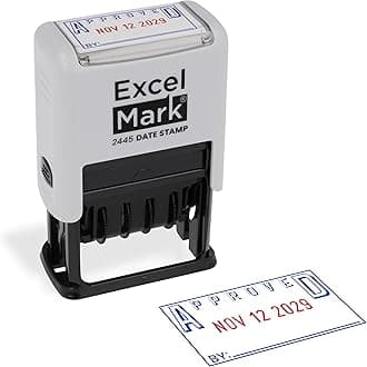ExcelMark 2445 Date Stamp with Text - Blue and Red Ink (Gray Mount, Approved)