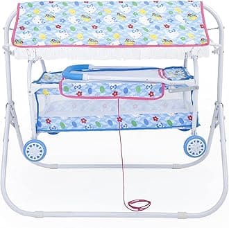 BABYBLESSING Baby Cradle 4 Wheel (Hood) | Colour - Sky Blue, Iron