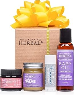 - Ora's Amazing Herbal New Mom and Baby Natural Skincare Set, Natural Baby Oil, Newborn Salve, Peppermint Field Ultra Healing Body Butter for Mama's Belly, and Soothing Earl Grey Lip Balm