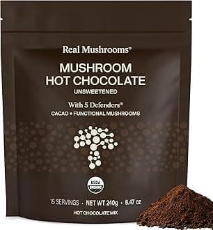 Unsweetened Organic Hot Chocolate Mix w/ 5 Defenders (Turkey Tail, Chaga, Maitake, Shiitake, Reishi Powder) - Cacao Powder - Gluten-Free, Non-GMO, Vegan (15 Servings)