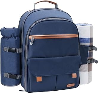 Picnic Backpack for 4 Person Set Pack with Insulated Waterproof Pouch for Family Outdoor Camping (Navy Blue)