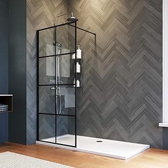 ELEGANT 760mm Shower Screen Wet Room Reversible Walkin Shower Door 8mm Safety Glass Shower Panel Frameless Stain Black Grid Painted Shower Cubicle for Bath