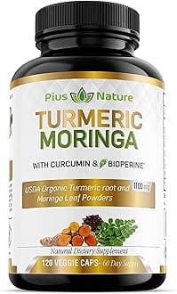 PIUS NATURE Turmeric Moringa Organic Turmeric Supplements Organic Curcumin & Moringa Powder 120 Vegetable Capsules Supplement for Women & Men