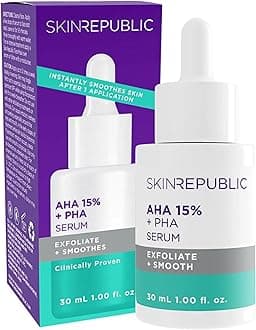 Skin Republic AHA 15% + PHA Face Serum, 30ml – Exfoliates, Smooths & Brightens Skin in 2 Weeks, Minimizes Pores & Roughness, Improves Texture & Radiance with Lactic, Glycolic & Mandelic Acids