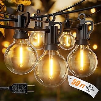 Outdoor String Lights – 50ft Connectable Patio Lights with 52 G40 LED Plastic Bulbs (2 Spare) Outside Vintage Hanging Light for Backyard Bistro Balcony Porch Party Wedding, E12, 2200K, Black