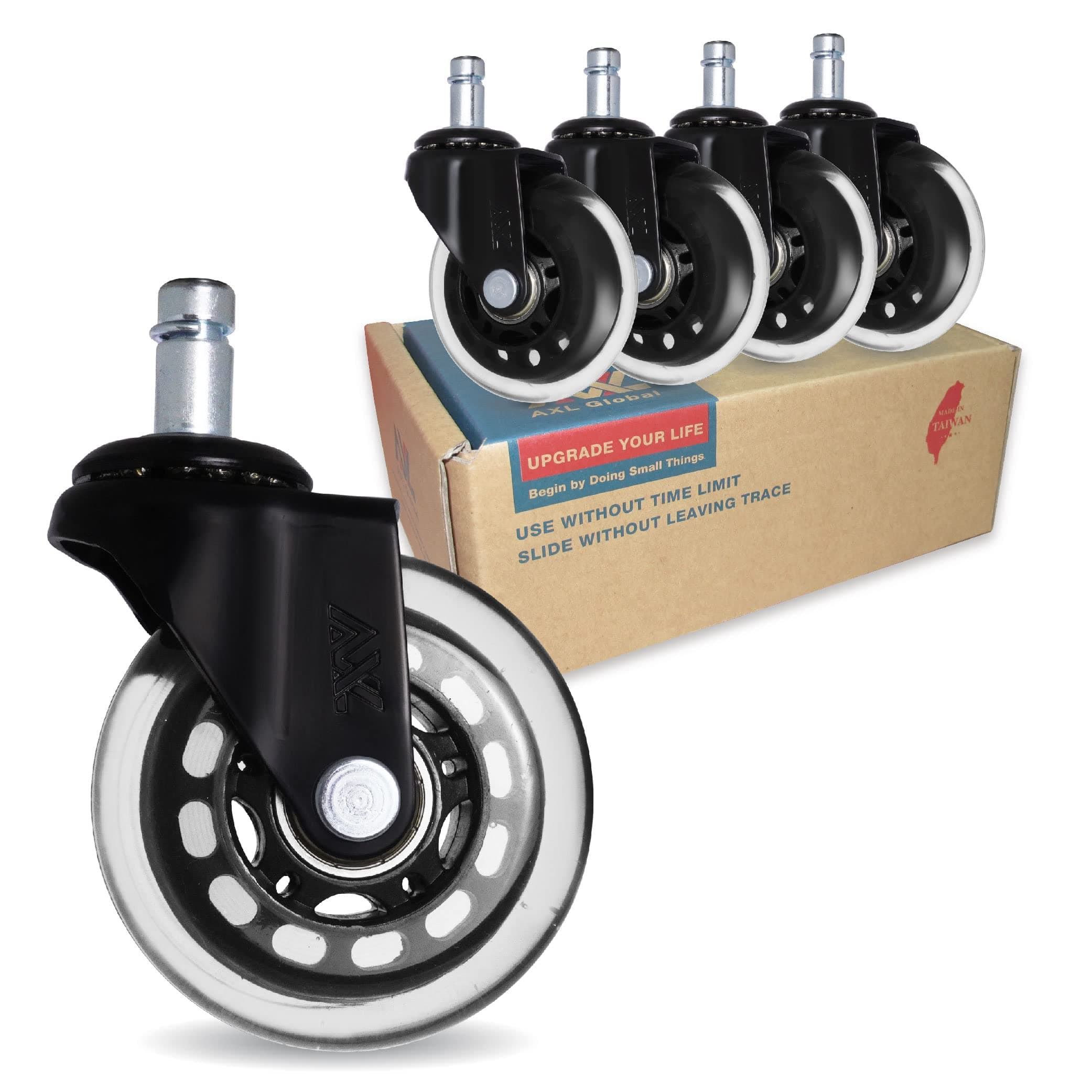 AXL 2.8 inch Office Computer Rollerblade Chair Caster Wheels – Heavy Duty, Safe for Hardwood Floors, Desk Floor Mat - Black with Black Rim Clear Wheel - Set of 5
