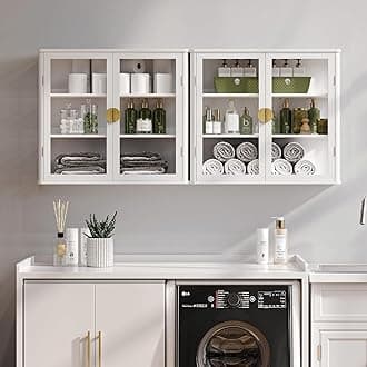 56" Kitchen Wall Cabinets,Display Wall Mounted Cabinet,Floating Cabinet with Glass Doors,Over The Toilet Storage Cabinets, Upper cabinets for Launtry, Kitchen,Bathroom, Gold Handle
