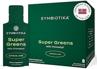 CYMBIOTIKA Super Greens Supplement with Chlorophyll, Spirulina, Daily Vegan Superfood Packets for Digestive Gut Health, Detox, Energy and Immune Support, Citrus Lime Flavor, 15 mL Pouches, 30 Pack