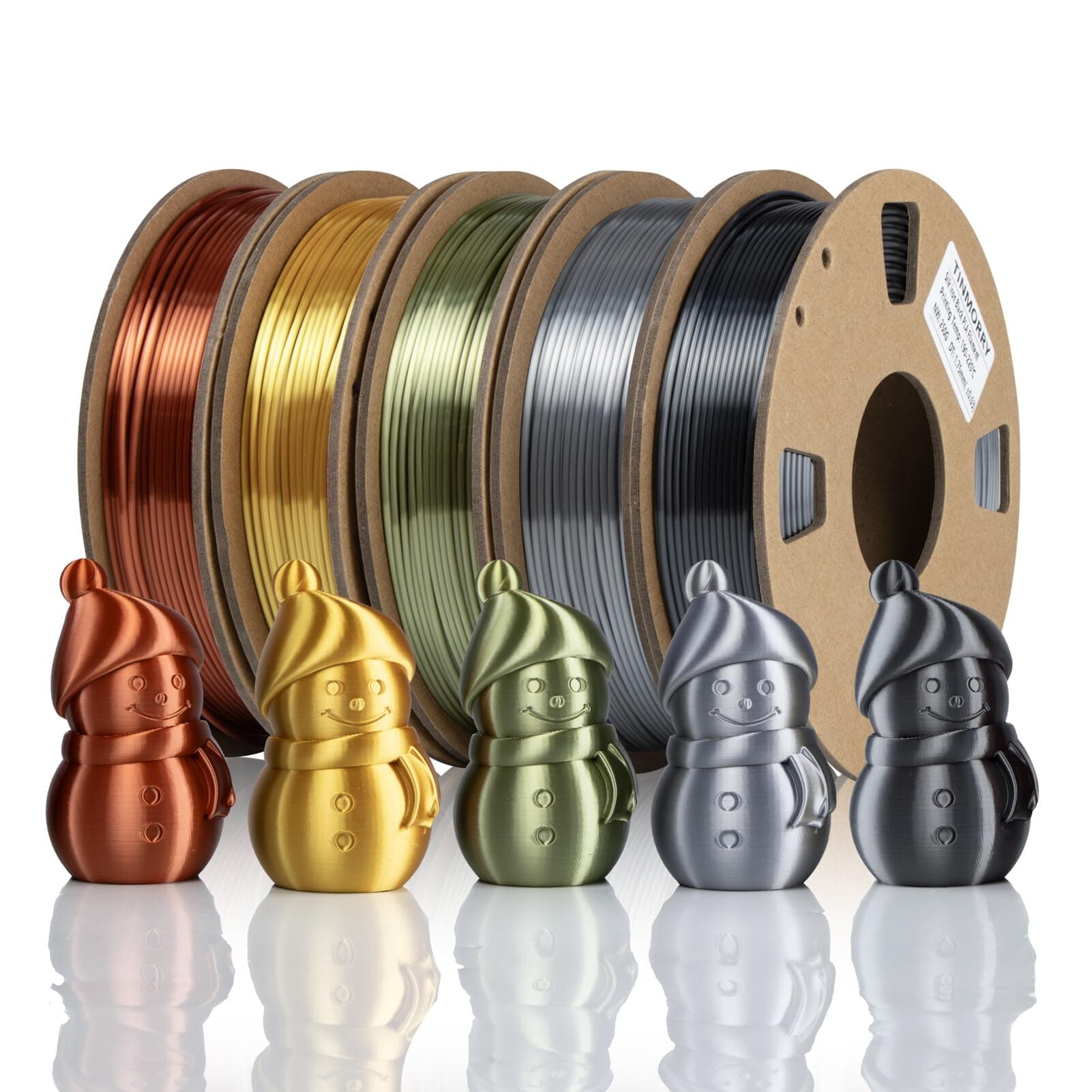 PLA 3D Printer Filament Bundle, TINMORRY Ultra Silk+ PLA Filament 1.75mm, 3D Printing Filament 250g x 5 Colors Pack, Gold+Silver+Copper+Bronze+Iron Black, Net Weight 1.25kg