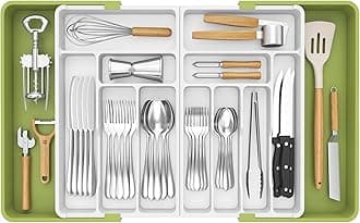 Lifewit Silverware Drawer Organizer, Expandable BPA Free Plastic Utensil Tray for Kitchen, Adjustable Flatware Cutlery Holder for Spoons Forks Knives, 21.3- 36 x 16.9", Green&White