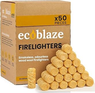 Natural 50 Firelighters ​​- Fire Lighters for BBQ, Pizza Oven, Fire Pits - Wood Wool Fire Starters - Perfect for Garden Life & Camping, Safe, Clean Wax Coated Instant Firestarter