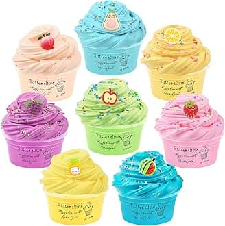 Butter Slime Kit 8 Pack, Including Lemon, Grape, Pineapple Etc Fruit Slime Accessories, Super Soft and Non-Sticky, Educational Stress Relief Slime Toys for Girls Boys