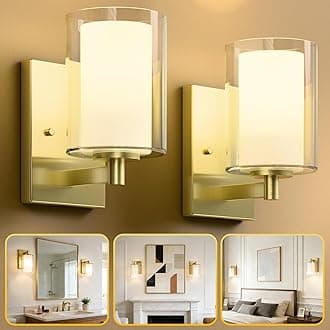 Kalium Wall Sconces Set of Two for Bathroom Bedroom Living Room Hallway Indoor Stairwell & Mirror, Farmhouse Modern Vanity Light Fixtures with Double Glass Shade & Gold Rustproof Metal Base, E26