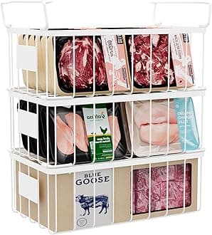 3 Pack Stackable Wire Storage Baskets With Tag, Freezer Organizer Bins for Most 7 Cu.FT Freezer Sort Frozen Meats, Deep Freezer Organizer Bins with Handle Add Space Easy Reach, White