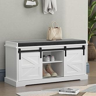 Loomie Shoe Storage Bench, 2-Tier Farmhouse Entryway Bench with Sliding Barn Door Storage Cabinets & Full Soft Removable Seat Cushion, Silm Shoe Rack with Shoe Cabinet for Entryway, Hallway, Bedroom