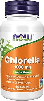 NOW Foods Supplements, Chlorella 1000 mg with naturally occurring Chlorophyll, Beta-Carotene, mixed Carotenoids, Vitamin C, Iron and Protein, 60 Tablets