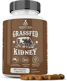 Ancestral Supplements Grass Fed Beef Kidney Supplement, 3000mg, DAO Enzyme Supplement, Kidney Support for Urinary and Histamine Health, Selenium, B12, Non-GMO, 180 Capsules
