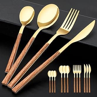 Stainless Steel Flatware Set for 4, Cutlery Utensils Set with Simulated Wooden Handle Include Knives Forks Spoons Service for 4, Mirror Polished and Dishwasher Safe (Gold)