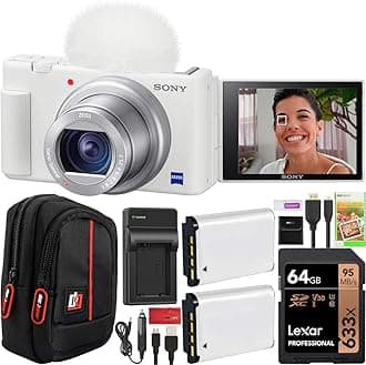 ZV-1 Compact Digital Vlogging 4K Camera for Content Creators & Vloggers DCZV1/W Double Battery Bundle with Deco Gear Case + 64GB Card + External Charger and Accessories