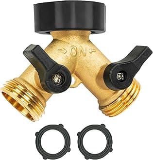 LIULO TOOL Brass Garden Hose Splitter 2 Way, Hose Y Splitter 3/4 Inch Heavy Duty Brass Hose Connector Tap Splitter, Hose Spigot Adapter 2 Valves with Rubber Washers (1 Pack)