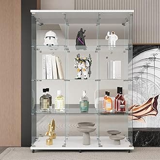 LFT HUIMEI2Y Glass Display Cabinet 12 Shelves with 3 Columns 2 Doors, Mirror Back Panel and Lock, Curio Cabinets Quick-Install Style Tempered Glass Bookshelf for Living Room, Kitchen White