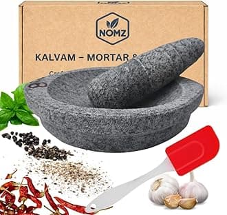 NOMZ Stone Mortar and Pestle Set (Kalvam) 8 Inch Boat Shape, 2.8 Kg, 1 Cup | Handmade Silbatta for Chutney and Masala | Heavy Duty Khalbatta with Anti-Skid Base