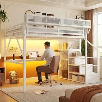 Mirightone Full Loft Bed with Desk and RGB Light, Metal Loft Bed Frame with Stairs and Bedside Shelf, Heavy-Duty Lofts Beds with Storage Shelves and Wardrobe for Kids Teens, White