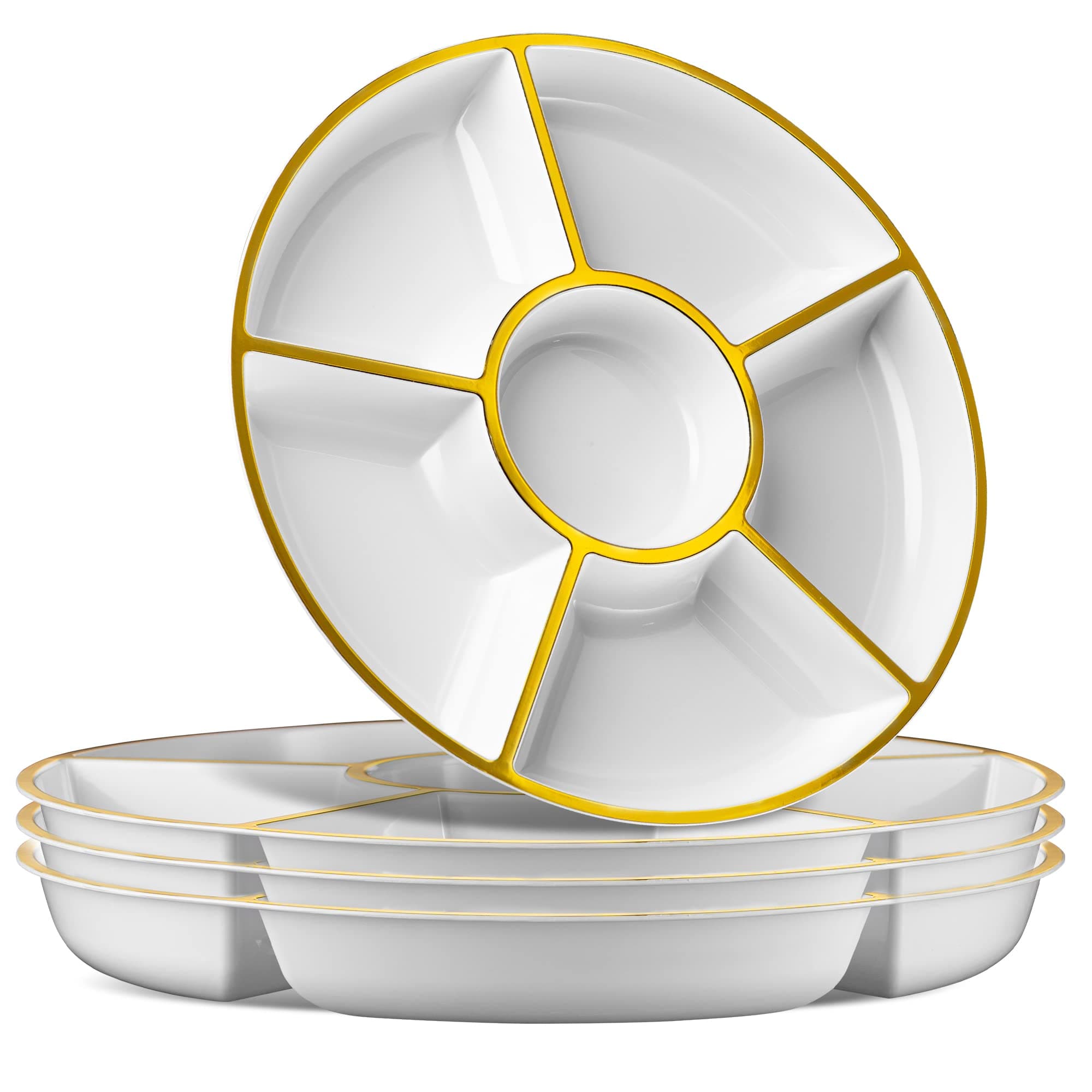 Plasticpro 6 Sectional Round Plastic Serving Tray/Platter (2, White & Gold)