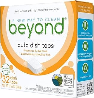 Beyond Natural Auto Dishwasher Tablets - USDA Certified 75% Biobased - Fragrance & Dye Free with Built-in Rinse-Aid (1 Box of 32)