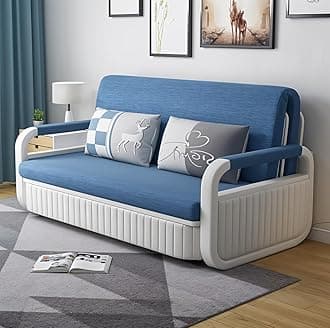 UNICORN FURNITURE Sofa Bed Modern Reclining Foldable Bed Pull Out Sofa Bed With Storage for Living Room Space Saving Sofabed Multifunctional in Made to Match Cushions (Blue & White)