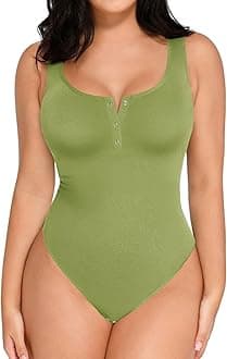 Popilush Bodysuits for Women Tummy Control Henley Going Out Shirts Tops Button Down Green Body Suit Casual Sleeveless Thong Tank Top