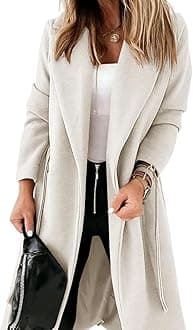 LadiyoWomens Classic Coat Lapel Collar Open Front Belted Long Jacket