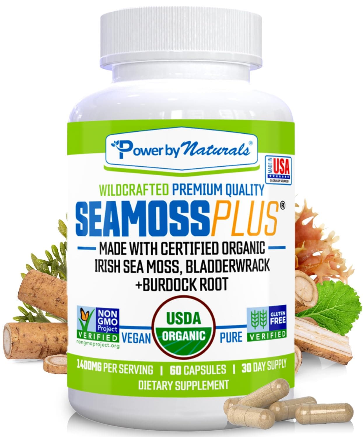 Power By Naturals SeaMoss Plus - USDA Organic Irish Sea Moss Capsules w/Wild Harvested Irish Seamoss, Bladderwrack & Burdock Root Immunity Supplement Sea Moss Pills for Adult 60Ct - 1 Pack