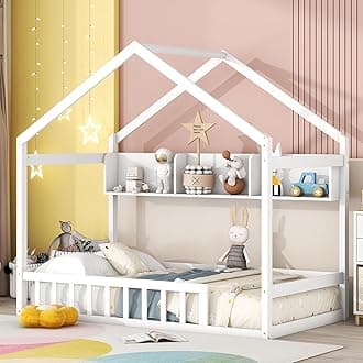 SOFTSEA Twin Size House Bed with Storage Shelf, Kids Bed Frame with Fence and Roof, Floor Bed Frame for Kids Bedroom, White