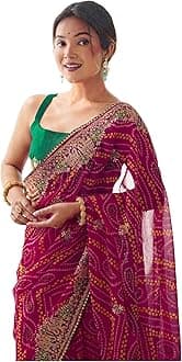 Women's Georgette Bandhani Printed and Embroidery Lace Saree With Unstitched Blouse Piece