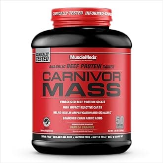 MuscleMeds CARNIVOR Mass Gainer Beef Protein Isolate Shake, 50 Grams Protein, 125 Grams Carbs, 0 Fat, 0 Sugar, Lactose Free, Vanilla Caramel, 5 Pound