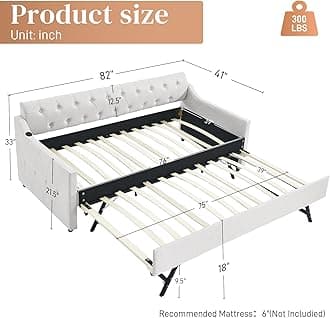 Rophefx Twin Daybed with Pop Up Trundle, Twin to King Size Day Bed with USB & Type C Port, Upholstered Sofa Bed Frame with Button Tufting Linen Trim, Wood Slats, No Box Spring Needed, Linen, Beige