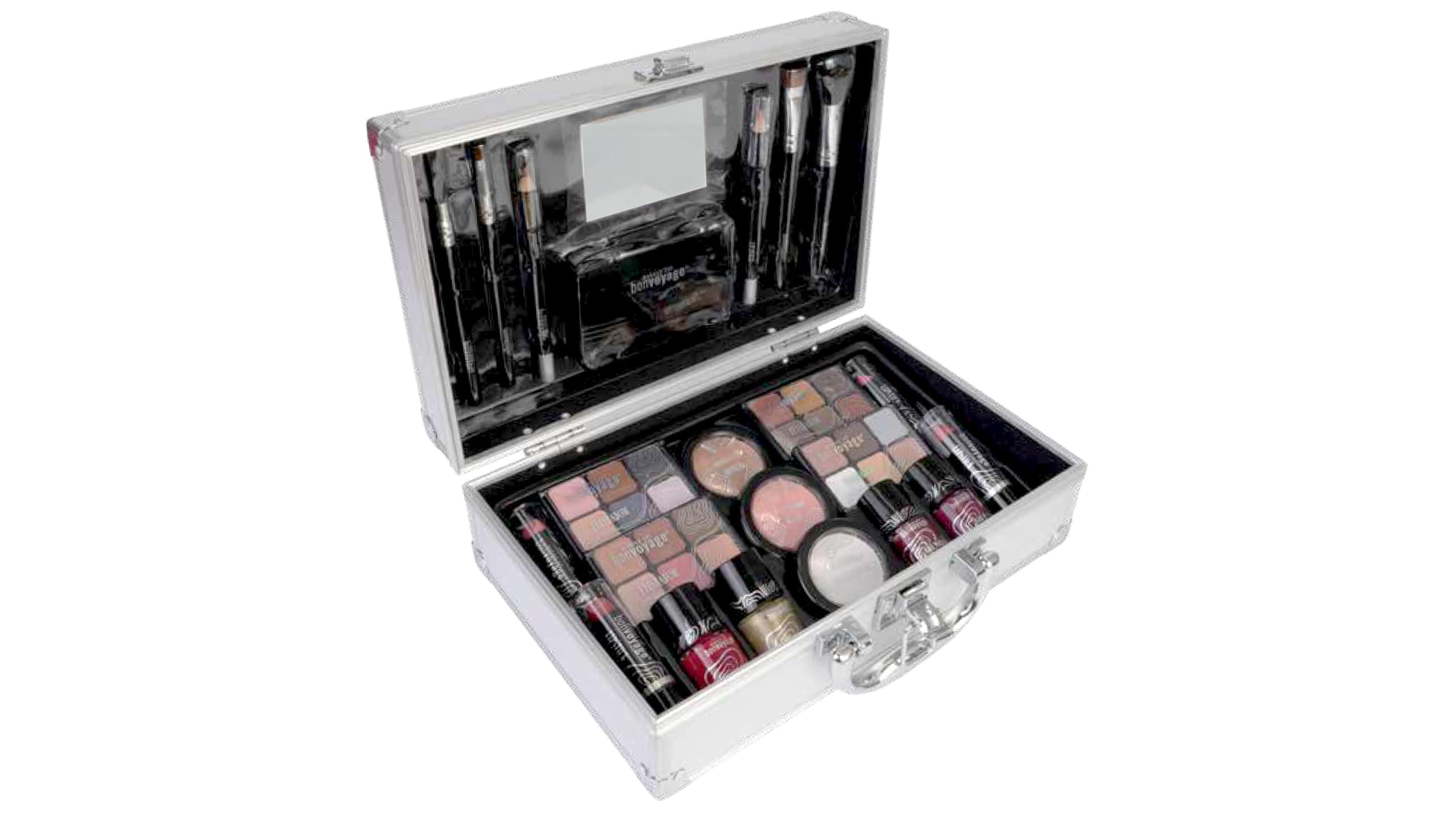 Makeup Kit, Includes Lipsticks, Eyeshadows, Blush, Nail Polish, Mirror and Make Up Brushes, Portable Lightweight Metal Train Case, Bon Voyage