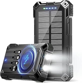 Portable Charger 49800mAh Solar Charger 15W Wireless Charging USB-A 22.5W Fast Charging with 4 Built-in Cable, USB-C Port Compatible with Smartphone, with LED Flashlight Perfect for Camping, Hiking