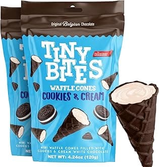 Tiny Bites Cookies & Cream Mini Waffle Cones - 4.24oz Bag (Pack of 2) - Perfect Blend of Crispy Golden Waffle Cones & Belgian Chocolate Bliss - Bite-Size Snack for Dessert or Ice Cream Toppings