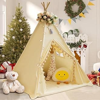 WIRHAO Teepee Tent for Kids with Padded Mat Cotton Canvas Kids Teepee with Pompom for Toddlers Indoor Play Tent for Girls Boys with Stars Lights, Carry Bag, Banner Flag (Cream)