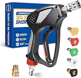 TOOLCY Pressure Washer Short Gun with Stainless Swivel & QC, 304 Stainless Steel 3/8" Plug & 1/4" Quick Connect, Commercial Grade, Max 5000 PSI / 10.5 GPM, Premium Power Washer Gun for Car Detailing