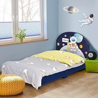 HONEY JOY Kids Bed, Toddler Upholstered Platform Floor Bed w/Headboard & Wooden Slat Base, No Box Spring Needed, Children Bedroom Furniture, Twin Bed Frames for Boys Girls, Twin Size in Astronaut