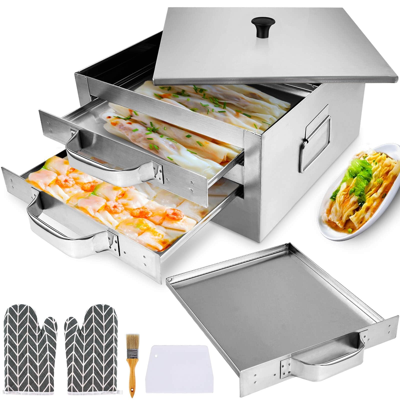 2-Layer Rice Noodle Roll Steamer, with Extra Steam Tray, Stainless Steel Top Open Rice Roll Steamer, for Home Use, Chinese Cheung Fun Cuisine Recipes Cookware, for Stove, Induction Cooktop