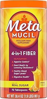 Metamucil 4-in-1 Psyllium Husk Fiber Supplement, Real Sugar, 72 tablespoons, Orange Flavored, Daily Fiber Powder for Digestive Health, made with Plant-Based Psyllium Husk Fiber