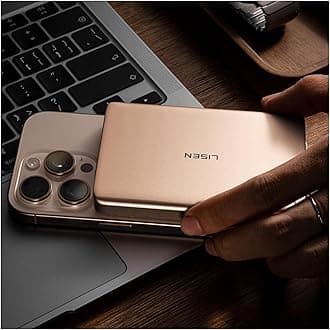LISEN 0.5‘’ Ultra Slim MagSafe Portable Charger iPhone,Alloy 10,000mAh Wireless Charge Card Phone Charger,Slim MagSafe Battery Pack,Magnetic Power Bank for iPhone 16e Pro Max/15/14/13/12,Gold