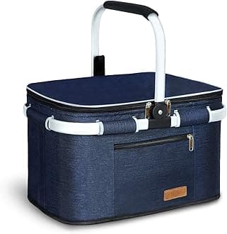 35L Large Picnic Basket 2 Layers of Internal Pockets Leak-Proof and Insulated ，Folding with Internal Support for enhansed Stability, Wedding Gifts for Couple(Navy Blue)